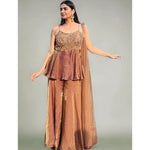 Women's Silk Embroidered Sleeveless Round Kurti With Palazzo Pant and Dupatta Set (Brown)