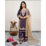 Women's Silk Embroidered 3/4th Sleeve Round Kurti With Palazzo Pant and Dupatta Set (Purple)