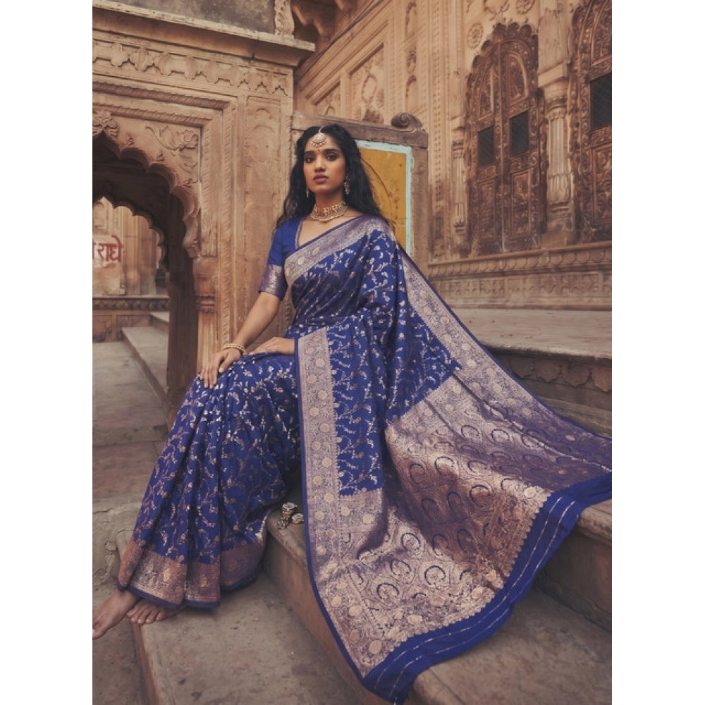 Women's Art Silk Printed Saree With Unstitched Blouse 5.5Mtr (Navy Blue)