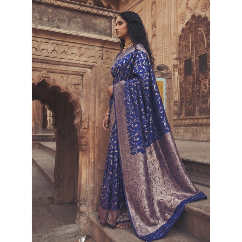 Women's Art Silk Printed Saree With Unstitched Blouse 5.5Mtr (Navy Blue)