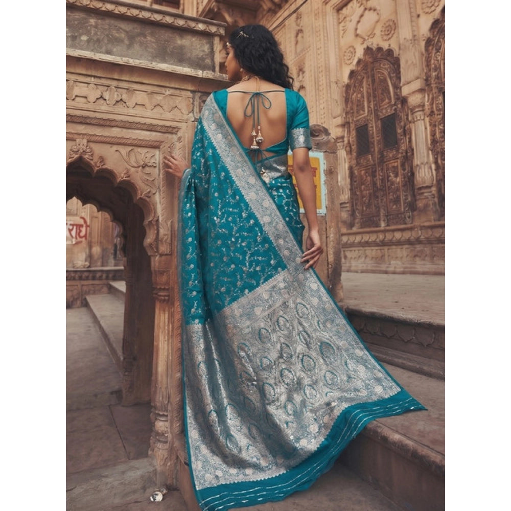 Women's Art Silk Printed Saree With Unstitched Blouse 5.5Mtr (Teal)