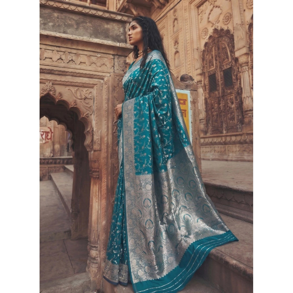 Women's Art Silk Printed Saree With Unstitched Blouse 5.5Mtr (Teal)