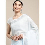 Women's Linen Cotton Striped Saree With Unstitched Blouse 5.5Mtr (Sky Blue)