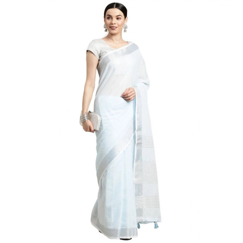 Women's Linen Cotton Striped Saree With Unstitched Blouse 5.5Mtr (Sky Blue)