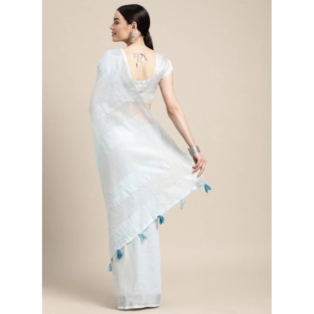Women's Linen Cotton Striped Saree With Unstitched Blouse 5.5Mtr (Sky Blue)