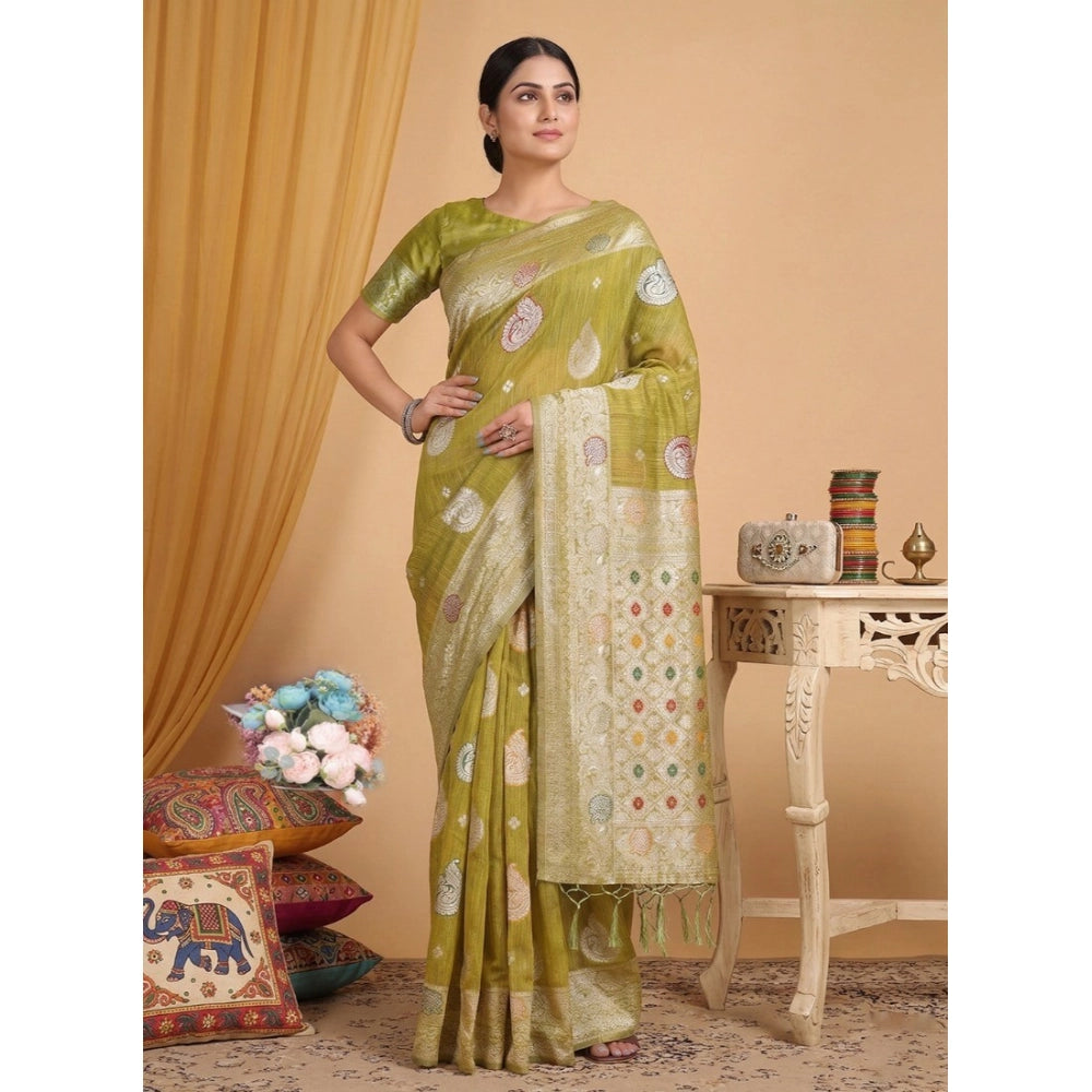 Women's Linen Cotton Printed Saree With Unstitched Blouse 5.5Mtr (Mustard)