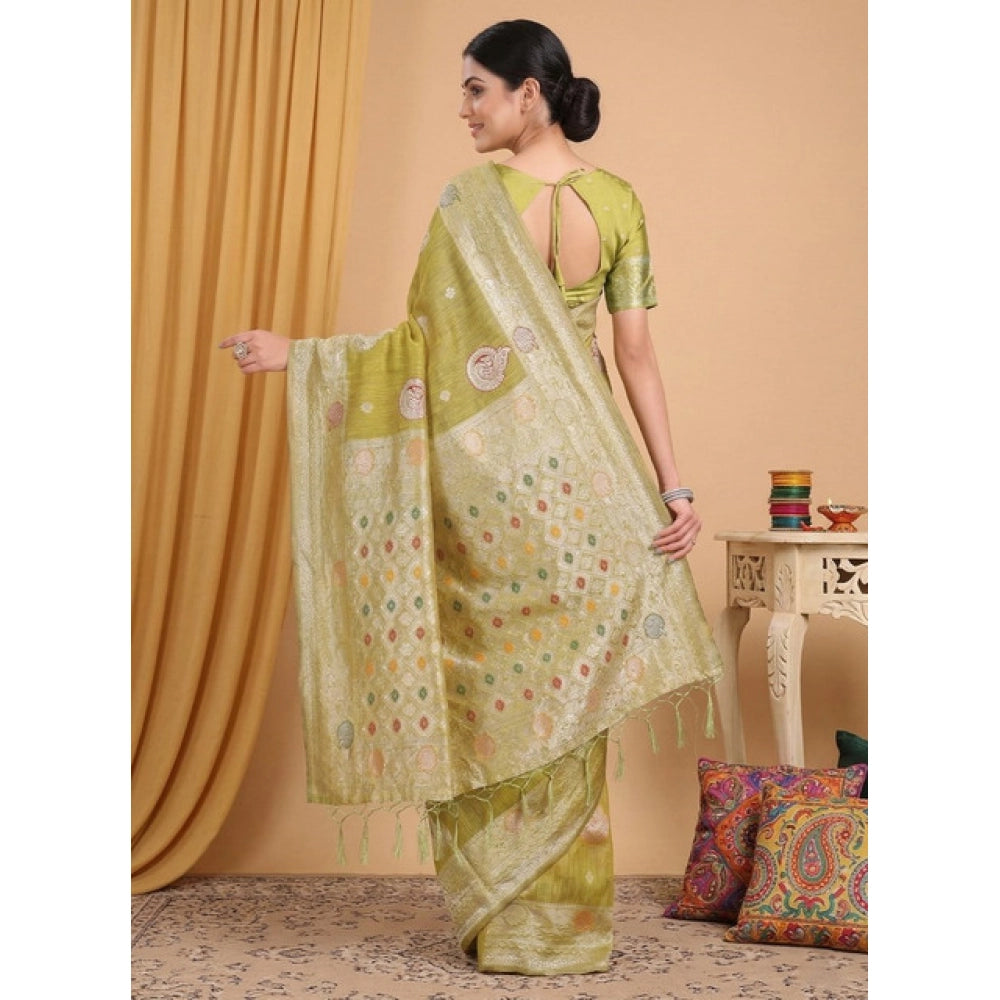 Women's Linen Cotton Printed Saree With Unstitched Blouse 5.5Mtr (Mustard)