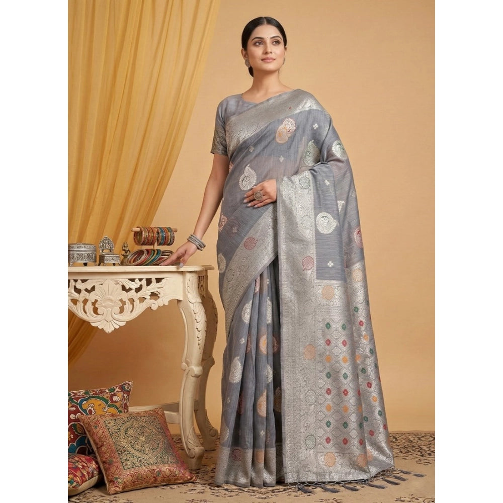 Women's Linen Cotton Printed Saree With Unstitched Blouse 5.5Mtr (Grey)