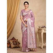 Women's Linen Cotton Printed Saree With Unstitched Blouse 5.5Mtr (Purple)