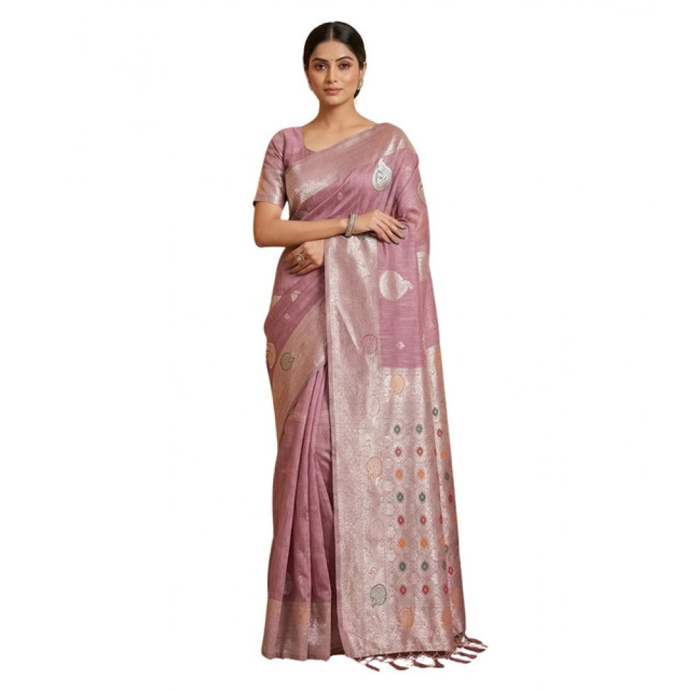 Women's Linen Cotton Printed Saree With Unstitched Blouse 5.5Mtr (Purple)