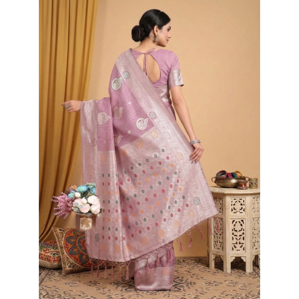 Women's Linen Cotton Printed Saree With Unstitched Blouse 5.5Mtr (Purple)