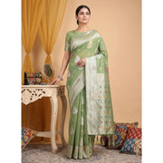 Women's Linen Cotton Printed Saree With Unstitched Blouse 5.5Mtr (Light Green)