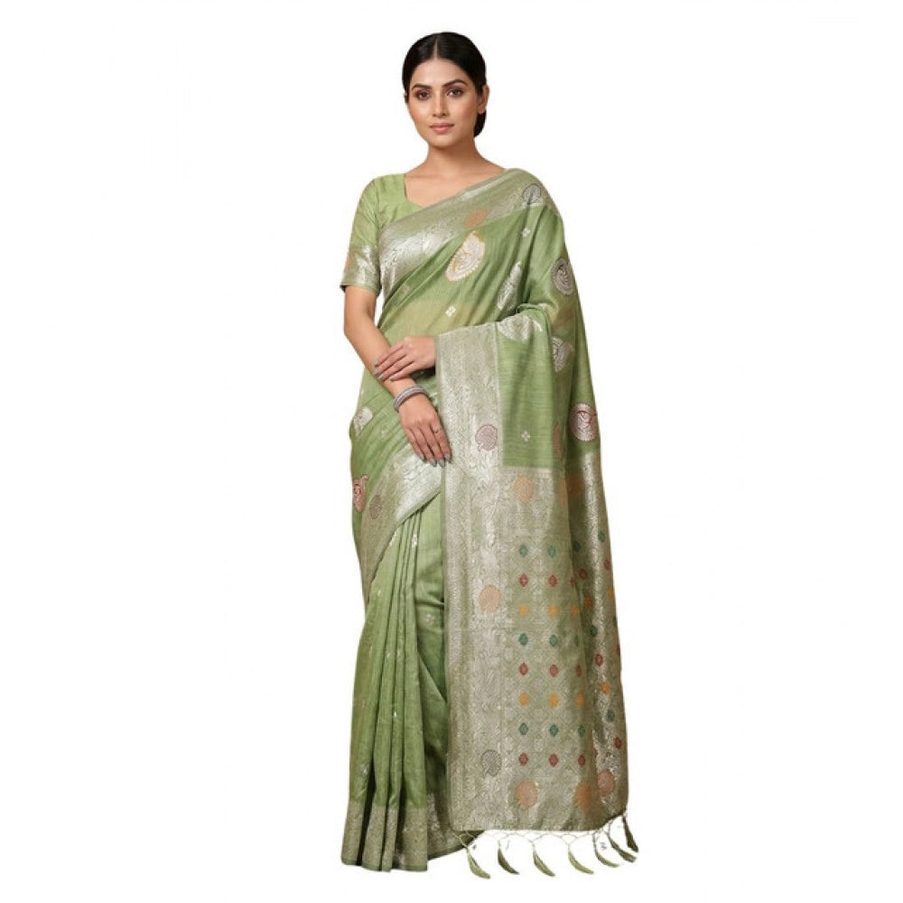 Women's Linen Cotton Printed Saree With Unstitched Blouse 5.5Mtr (Light Green)