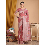Women's Linen Cotton Printed Saree With Unstitched Blouse 5.5Mtr (Pink)