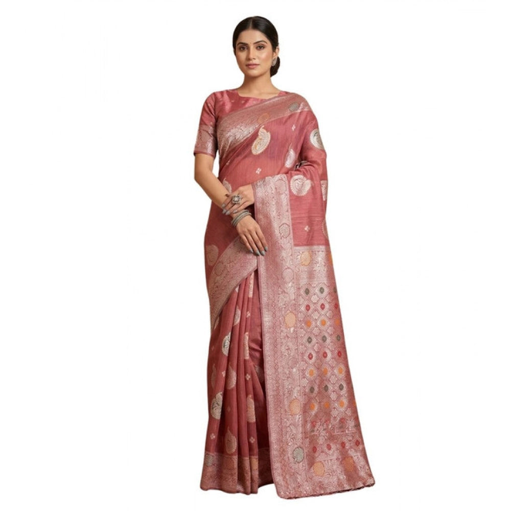 Women's Linen Cotton Printed Saree With Unstitched Blouse 5.5Mtr (Pink)