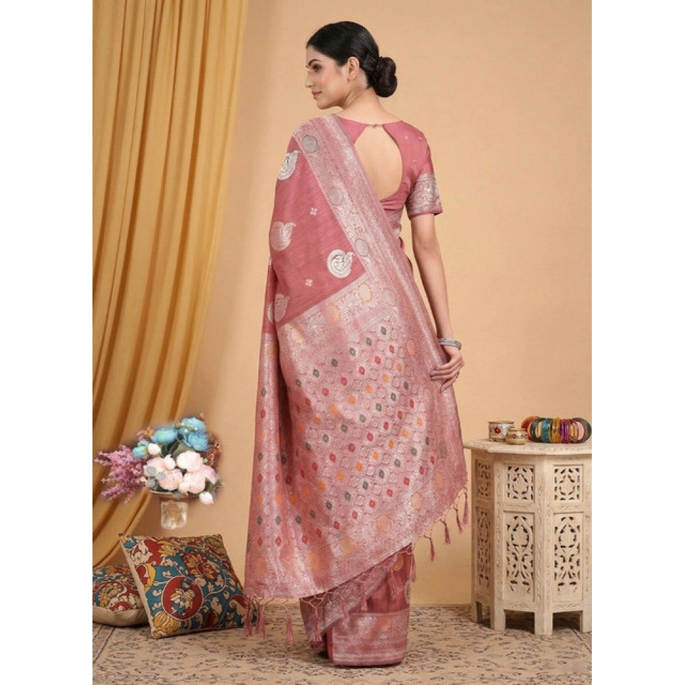 Women's Linen Cotton Printed Saree With Unstitched Blouse 5.5Mtr (Pink)