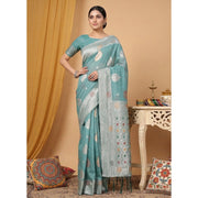 Women's Linen Cotton Printed Saree With Unstitched Blouse 5.5Mtr (Sea Green)