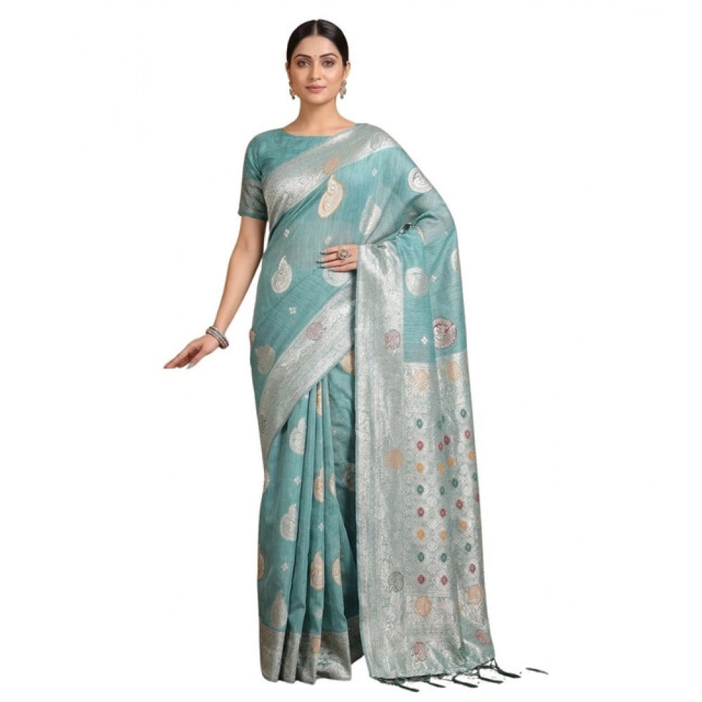 Women's Linen Cotton Printed Saree With Unstitched Blouse 5.5Mtr (Sea Green)