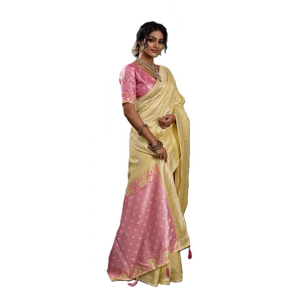 Women's Linen Cotton Printed Saree With Unstitched Blouse 5.5Mtr (Yellow )