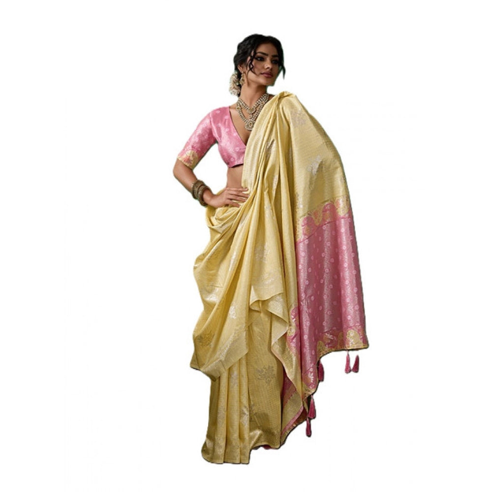 Women's Linen Cotton Printed Saree With Unstitched Blouse 5.5Mtr (Yellow )