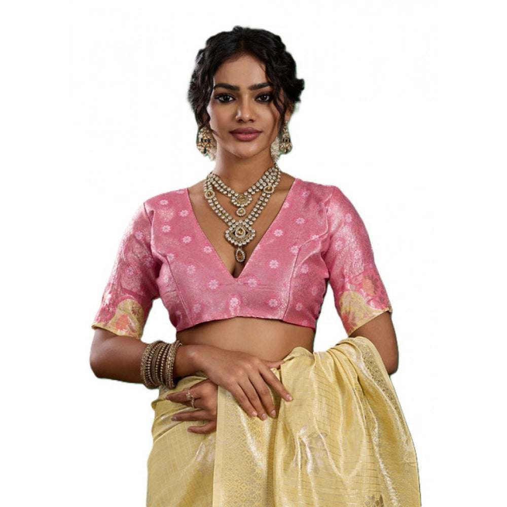 Women's Linen Cotton Printed Saree With Unstitched Blouse 5.5Mtr (Yellow )