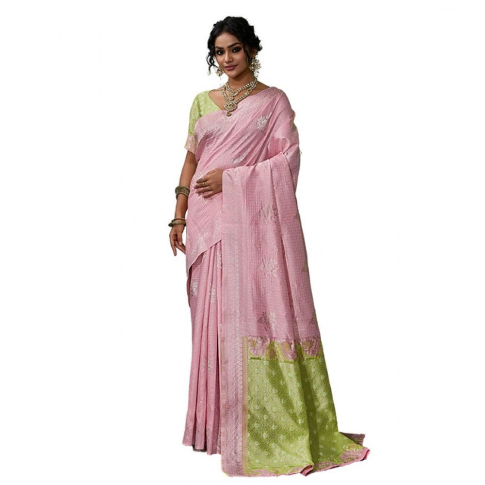 Women's Linen Cotton Printed Saree With Unstitched Blouse 5.5Mtr (Pink)