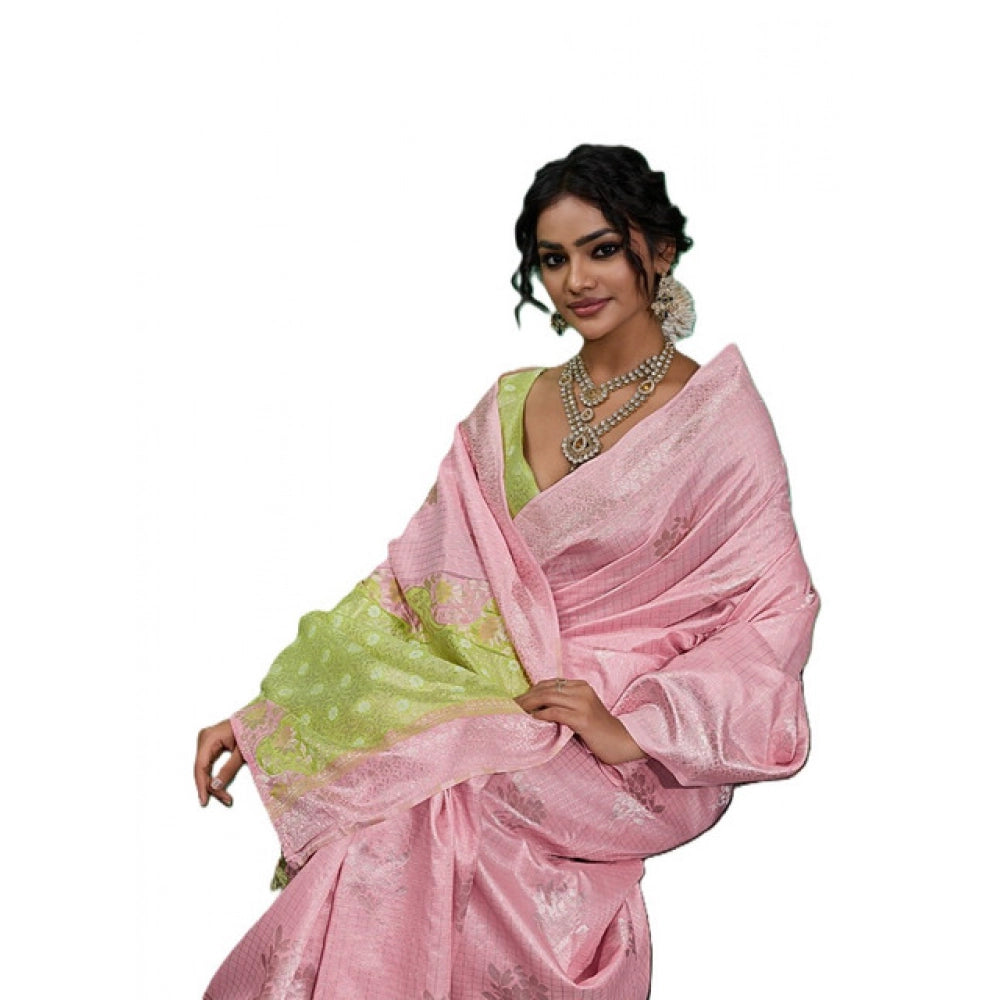 Women's Linen Cotton Printed Saree With Unstitched Blouse 5.5Mtr (Pink)