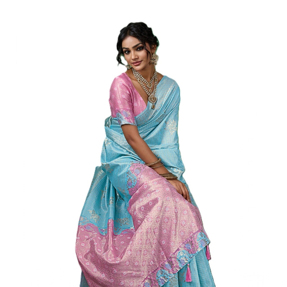 Women's Linen Cotton Printed Saree With Unstitched Blouse 5.5Mtr (Sky Blue)