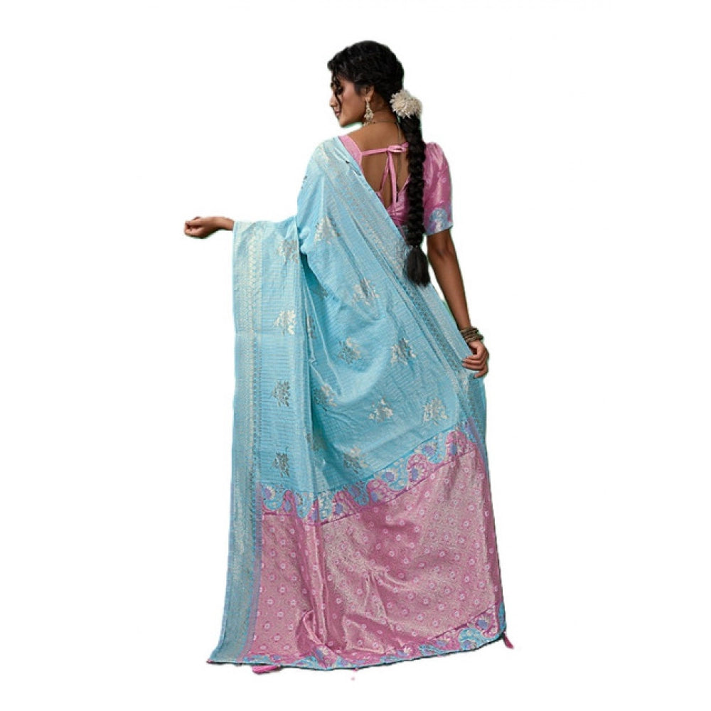 Women's Linen Cotton Printed Saree With Unstitched Blouse 5.5Mtr (Sky Blue)