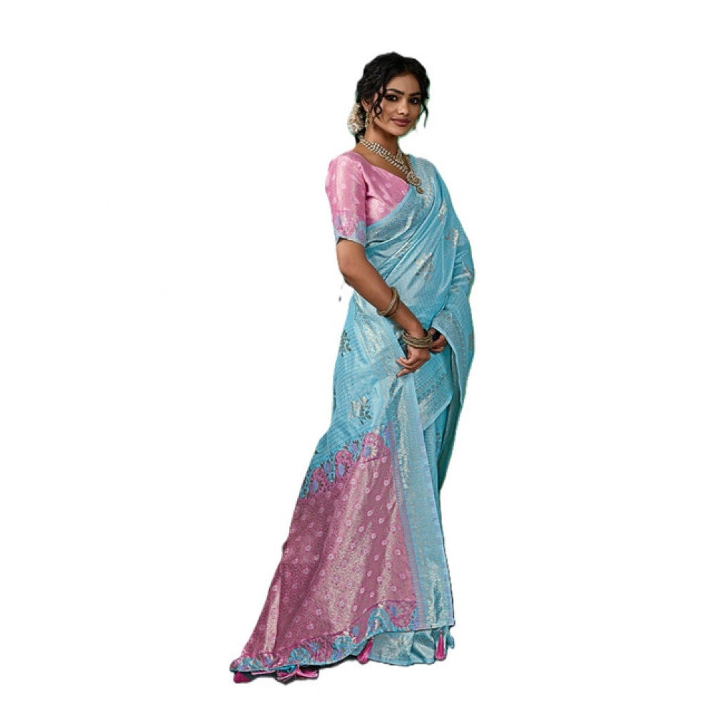 Women's Linen Cotton Printed Saree With Unstitched Blouse 5.5Mtr (Sky Blue)