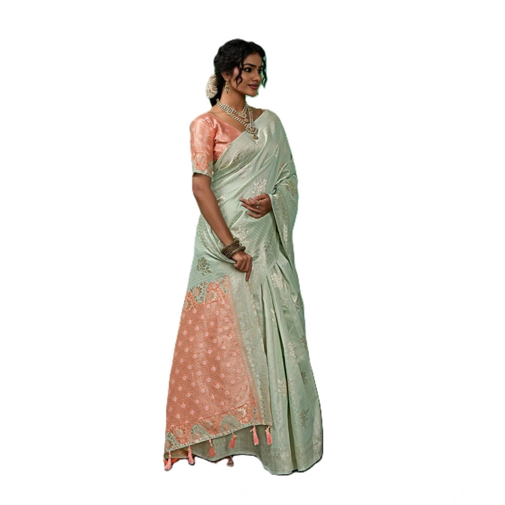 Women's Linen Cotton Printed Saree With Unstitched Blouse 5.5Mtr (Pista Green)