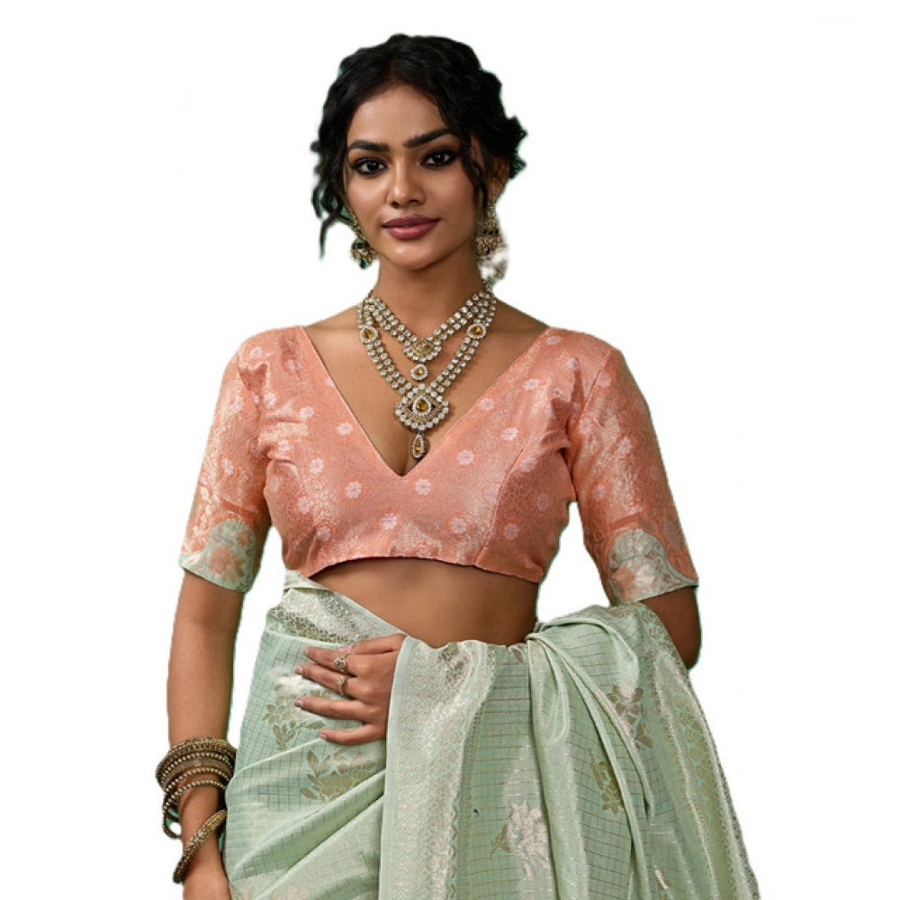 Women's Linen Cotton Printed Saree With Unstitched Blouse 5.5Mtr (Pista Green)