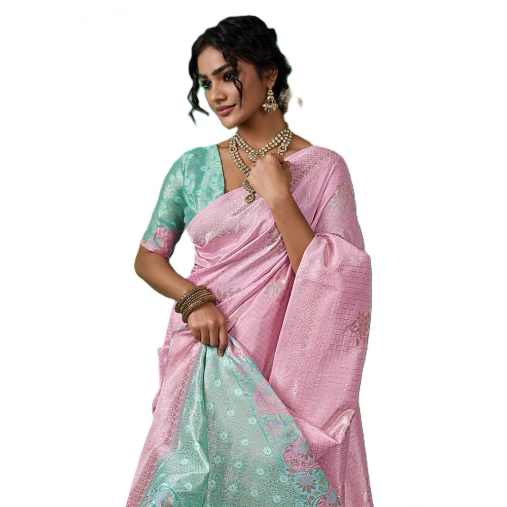 Women's Linen Cotton Printed Saree With Unstitched Blouse 5.5Mtr (Pastel Pink)