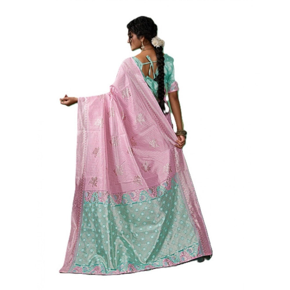 Women's Linen Cotton Printed Saree With Unstitched Blouse 5.5Mtr (Pastel Pink)