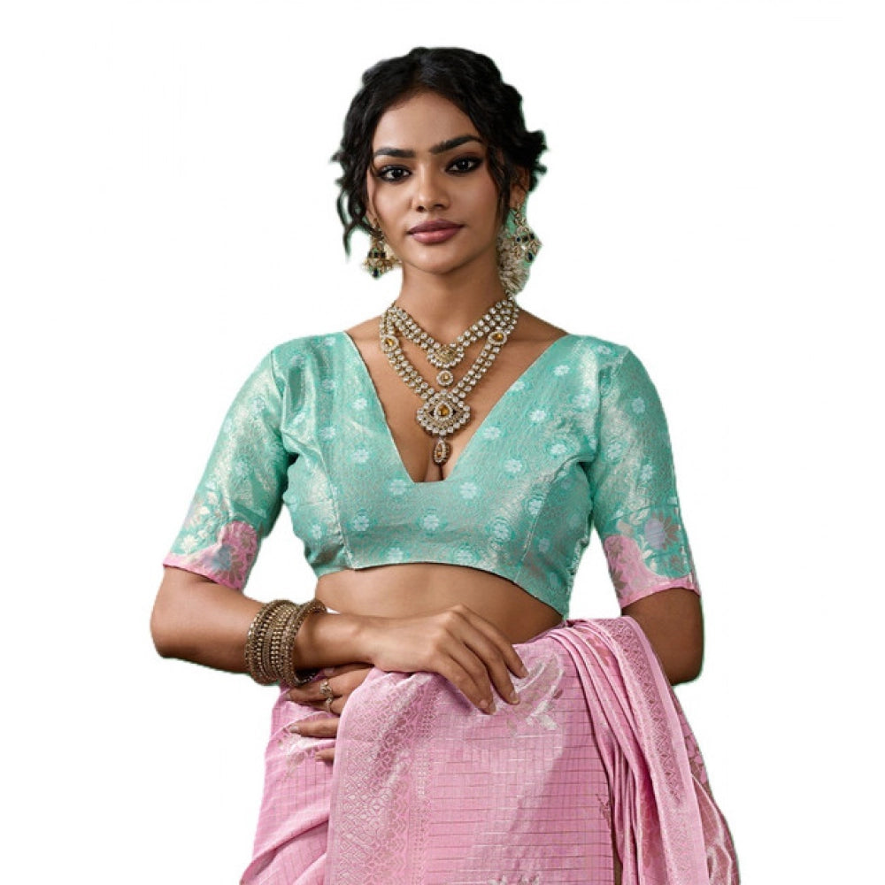 Women's Linen Cotton Printed Saree With Unstitched Blouse 5.5Mtr (Pastel Pink)