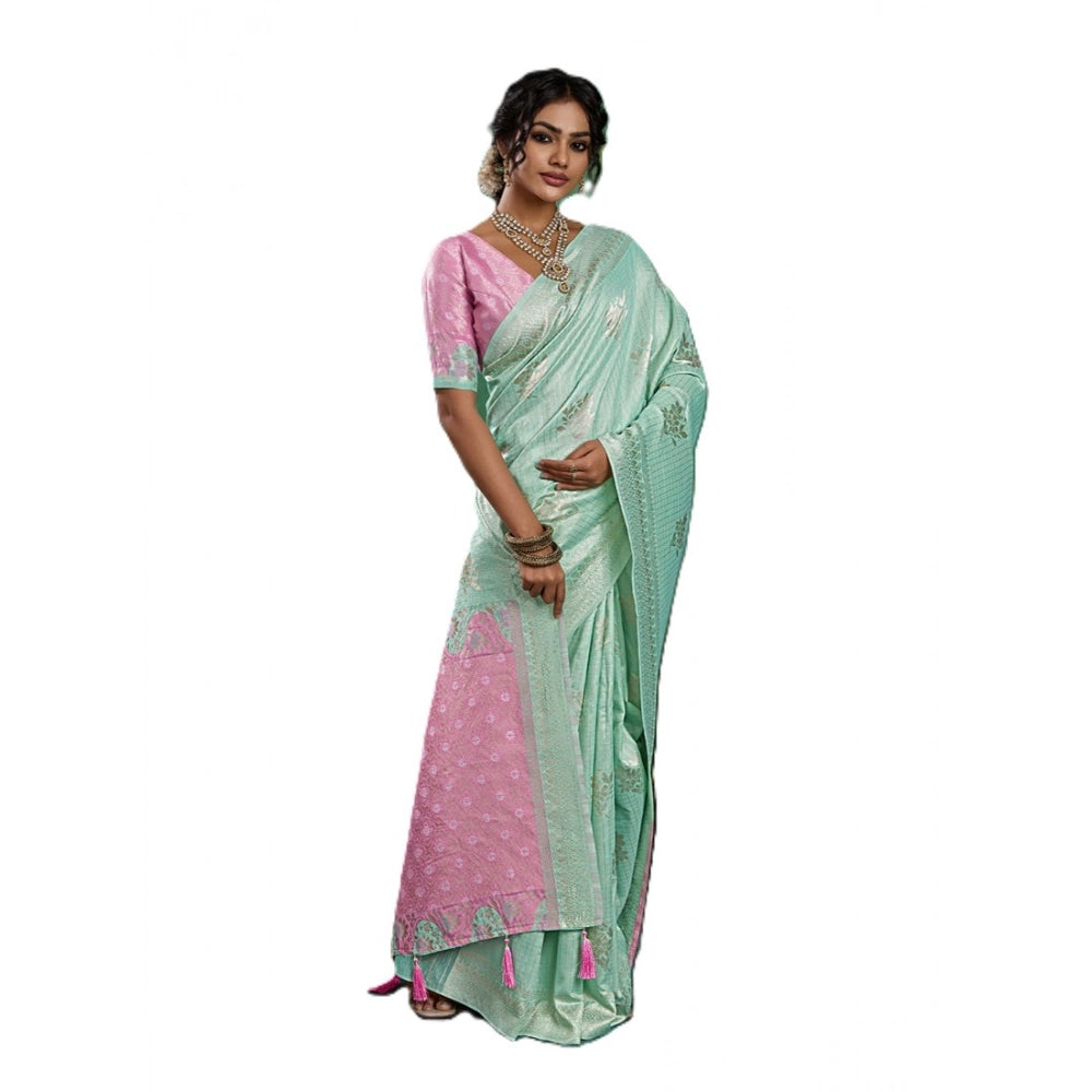 Women's Linen Cotton Printed Saree With Unstitched Blouse 5.5Mtr (Sea Green)