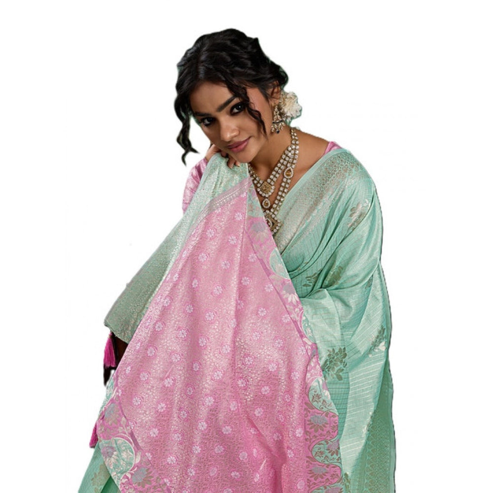 Women's Linen Cotton Printed Saree With Unstitched Blouse 5.5Mtr (Sea Green)
