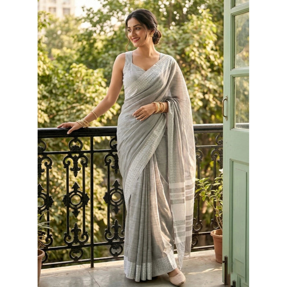 Women's Linen Striped Saree With Unstitched Blouse 5.5Mtr (Gray)