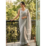 Women's Linen Striped Saree With Unstitched Blouse 5.5Mtr (Gray)