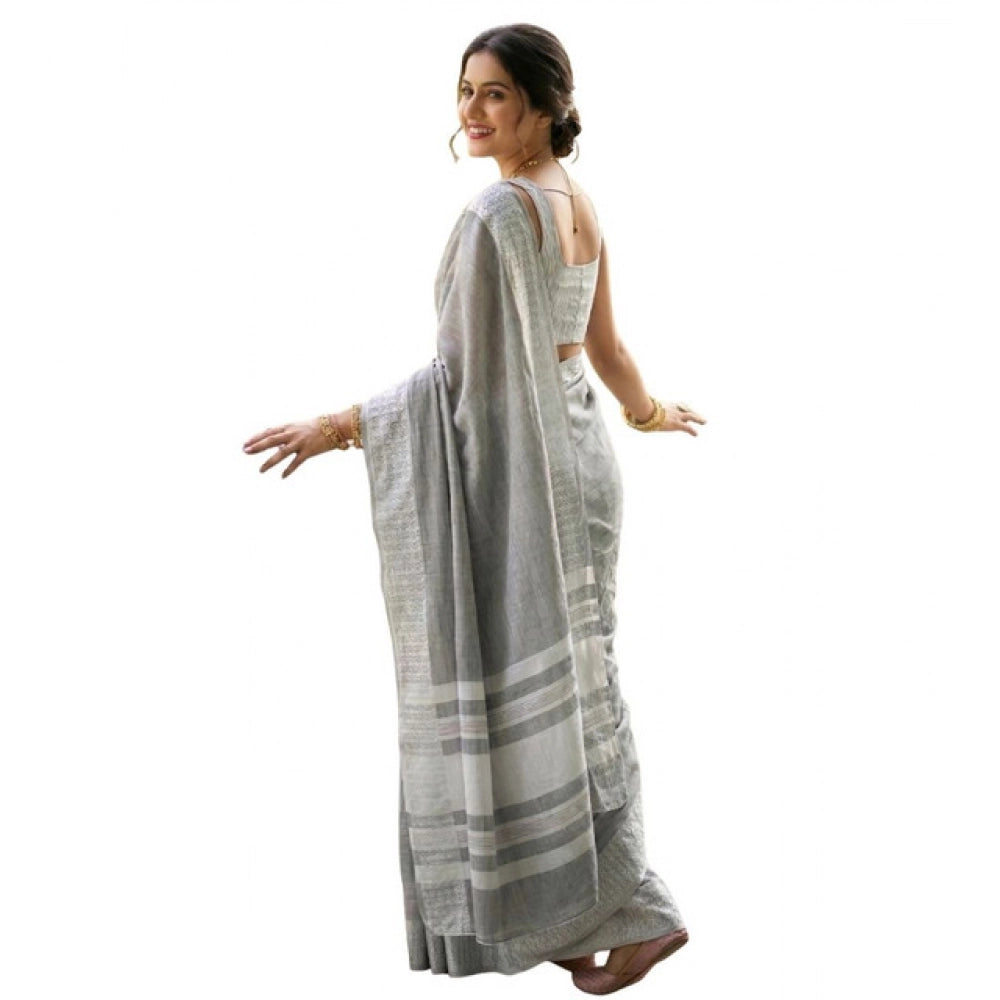 Women's Linen Striped Saree With Unstitched Blouse 5.5Mtr (Gray)