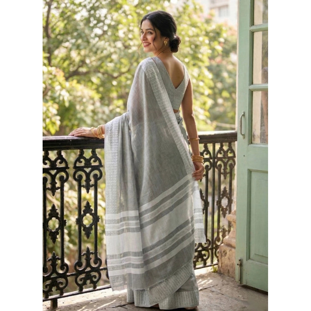 Women's Linen Striped Saree With Unstitched Blouse 5.5Mtr (Gray)