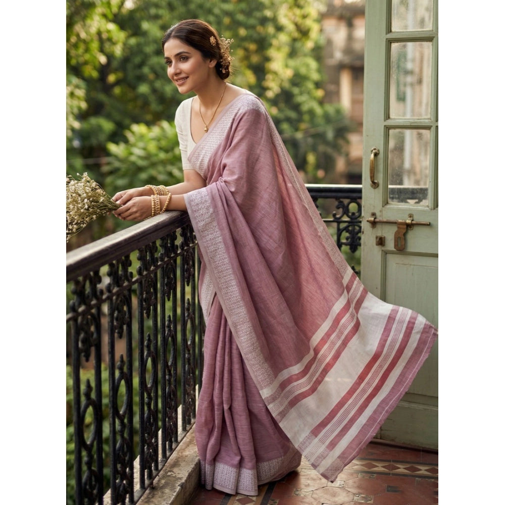 Women's Linen Striped Saree With Unstitched Blouse 5.5Mtr (Magenta)