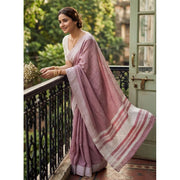 Women's Linen Striped Saree With Unstitched Blouse 5.5Mtr (Magenta)