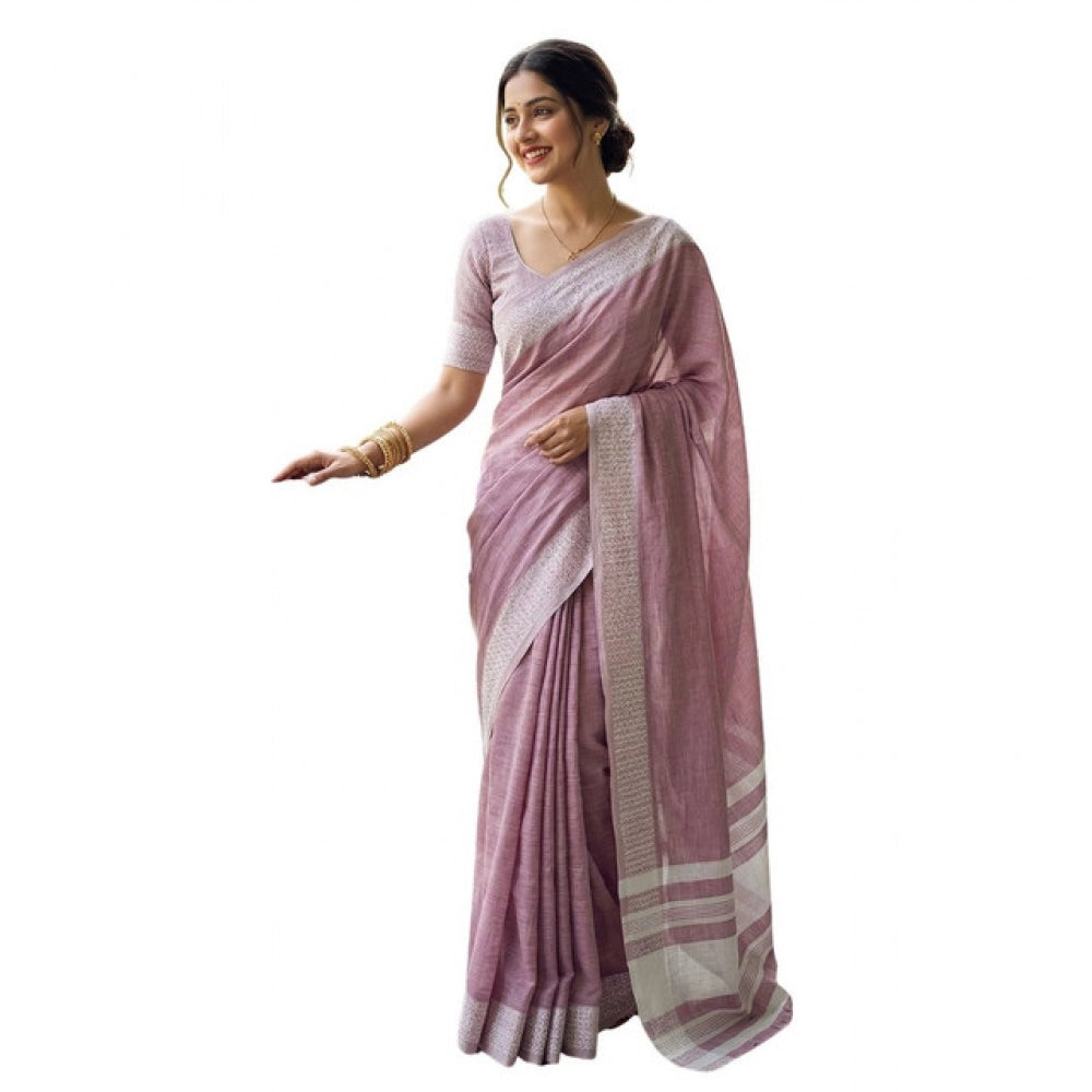 Women's Linen Striped Saree With Unstitched Blouse 5.5Mtr (Magenta)