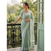 Women's Linen Striped Saree With Unstitched Blouse 5.5Mtr (Sea Green)