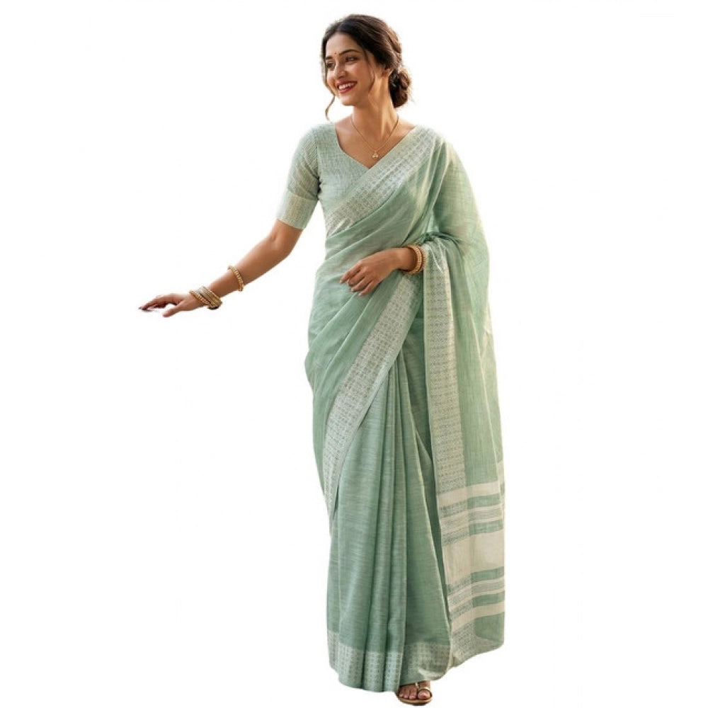 Women's Linen Striped Saree With Unstitched Blouse 5.5Mtr (Sea Green)