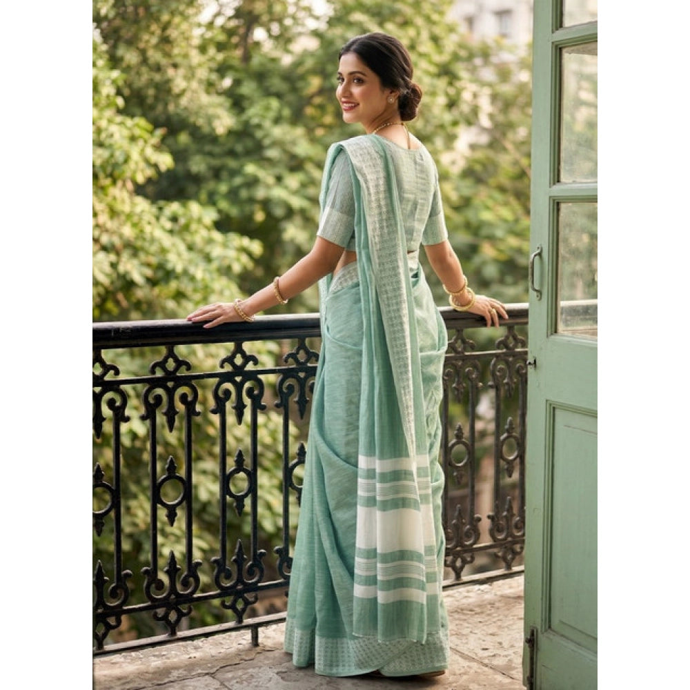 Women's Linen Striped Saree With Unstitched Blouse 5.5Mtr (Sea Green)