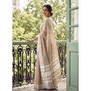 Women's Linen Striped Saree With Unstitched Blouse 5.5Mtr (Lite Brown)