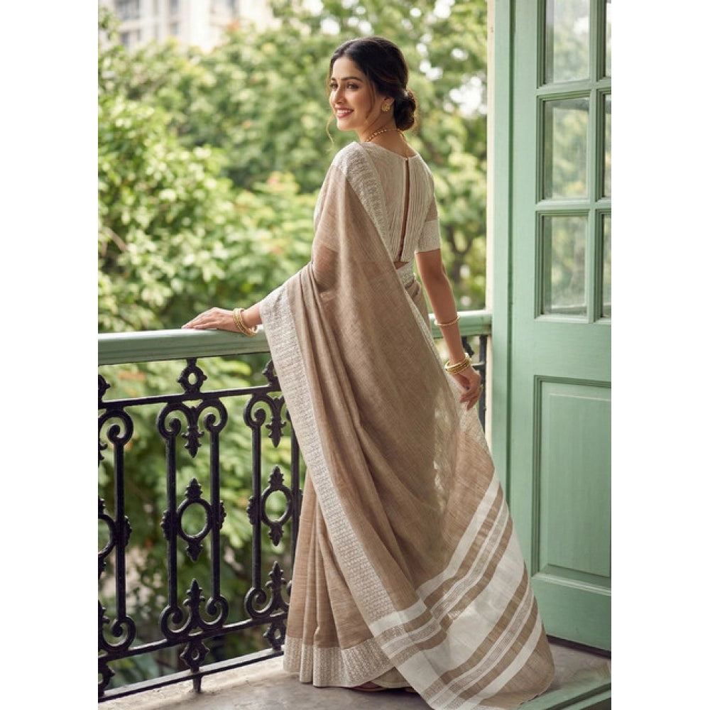 Women's Linen Striped Saree With Unstitched Blouse 5.5Mtr (Lite Brown)