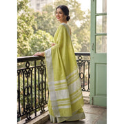 Women's Linen Striped Saree With Unstitched Blouse 5.5Mtr (Light Green)